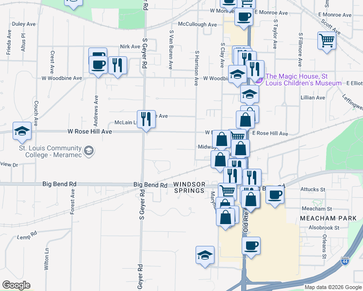 map of restaurants, bars, coffee shops, grocery stores, and more near 325 Midway Avenue in Kirkwood