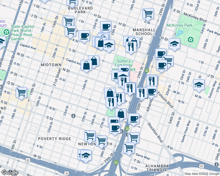map of restaurants, bars, coffee shops, grocery stores, and more near 2620 N Street in Sacramento