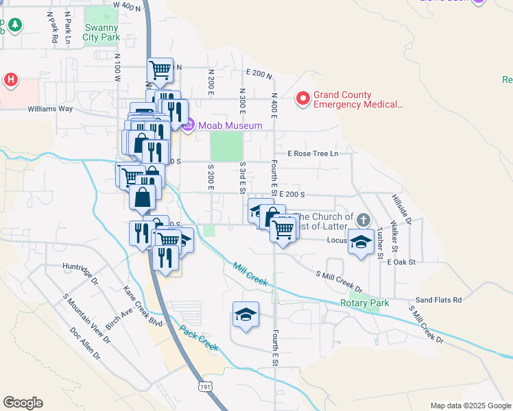 map of restaurants, bars, coffee shops, grocery stores, and more near 400 E in Moab