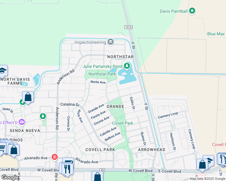 map of restaurants, bars, coffee shops, grocery stores, and more near 215 Inca Place in Davis