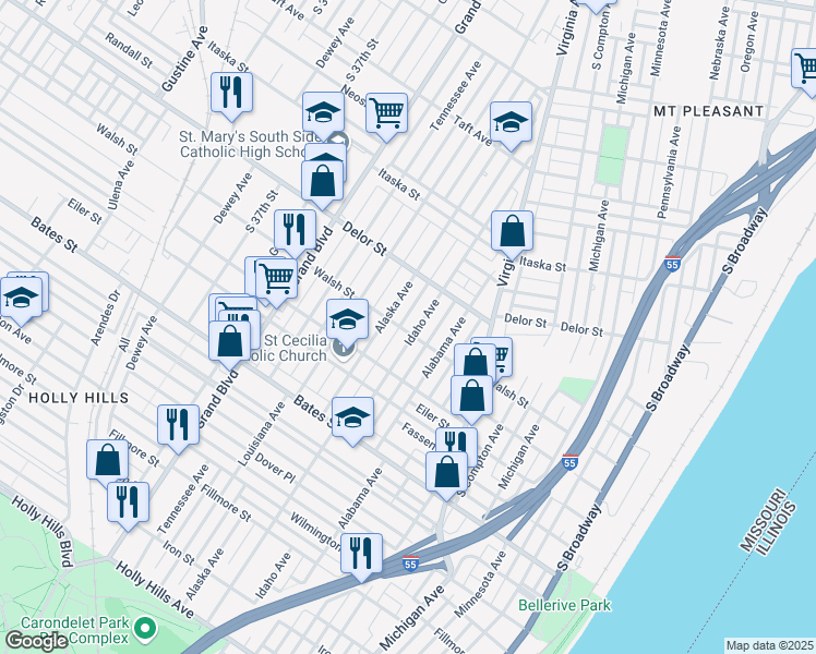 map of restaurants, bars, coffee shops, grocery stores, and more near 5053 Idaho Avenue in St. Louis