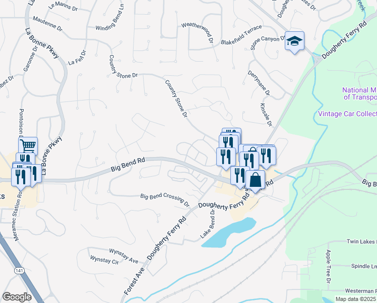 map of restaurants, bars, coffee shops, grocery stores, and more near 1042 Huntington Hill Drive in Ballwin