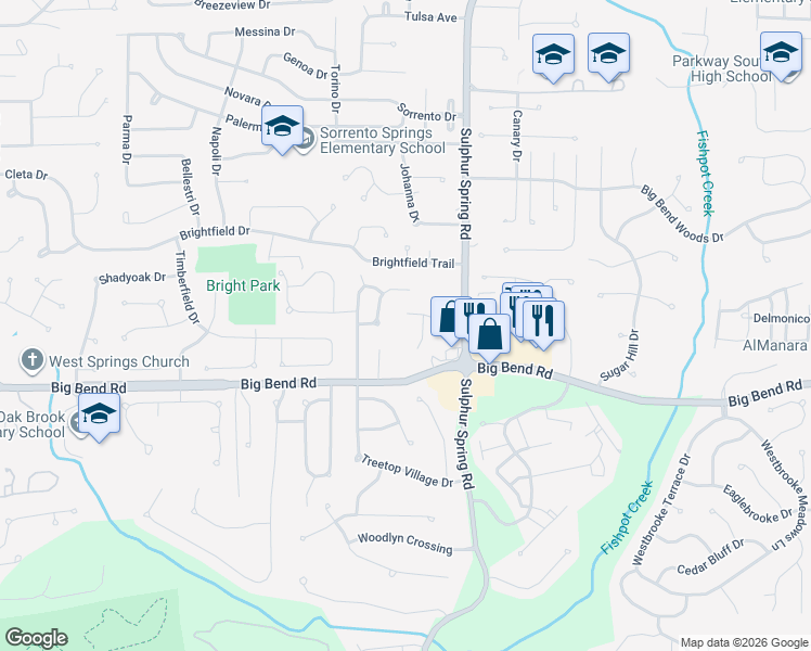 map of restaurants, bars, coffee shops, grocery stores, and more near 516 Spring Glen Drive in Ballwin