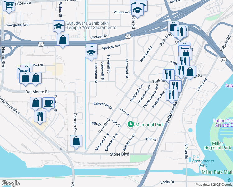 map of restaurants, bars, coffee shops, grocery stores, and more near 1608 Fernwood Street in West Sacramento