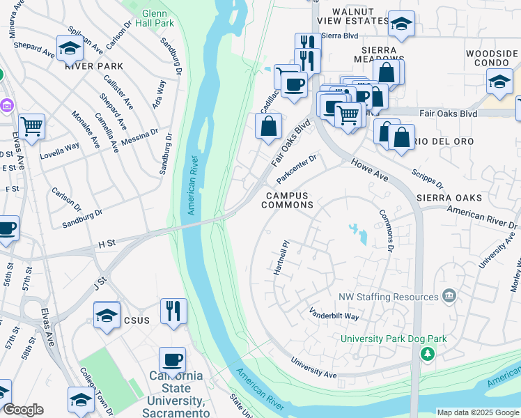 map of restaurants, bars, coffee shops, grocery stores, and more near 455 University Avenue in Sacramento