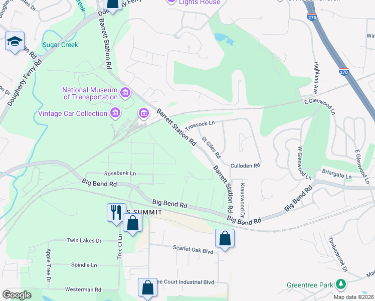 map of restaurants, bars, coffee shops, grocery stores, and more near 3115 Barrett Station Road in St. Louis