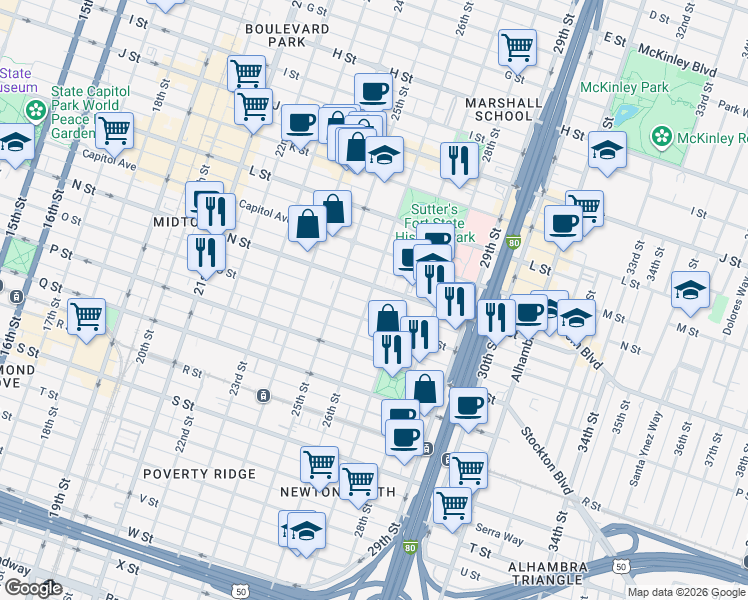 map of restaurants, bars, coffee shops, grocery stores, and more near 2521 O Street in Sacramento