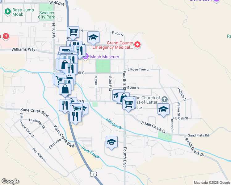 map of restaurants, bars, coffee shops, grocery stores, and more near 400 E in Moab