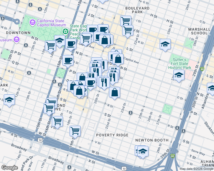 map of restaurants, bars, coffee shops, grocery stores, and more near 2026 P Street in Sacramento
