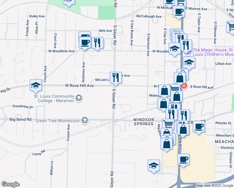 map of restaurants, bars, coffee shops, grocery stores, and more near 437 Rollingwood Lane in Kirkwood
