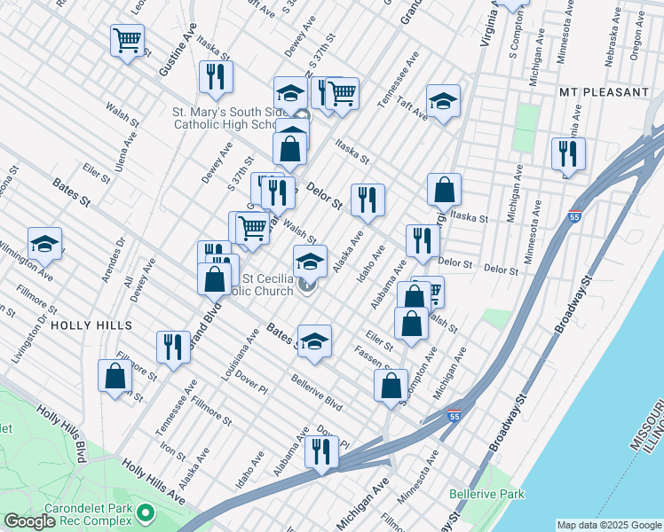 map of restaurants, bars, coffee shops, grocery stores, and more near 5211 Alaska Avenue in St. Louis