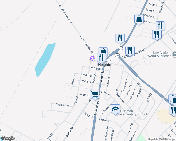 map of restaurants, bars, coffee shops, grocery stores, and more near 210 Plum Street in Cahokia