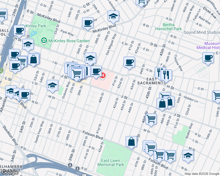 map of restaurants, bars, coffee shops, grocery stores, and more near 962 41st Street in Sacramento