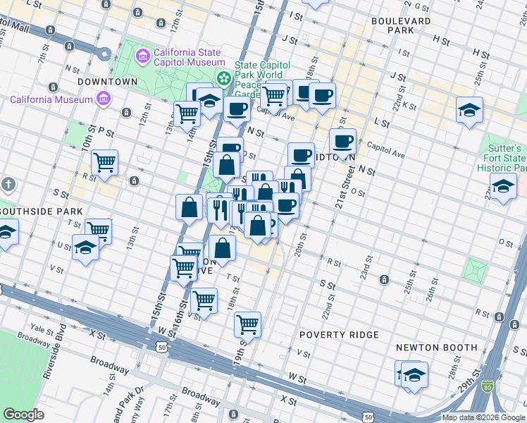 map of restaurants, bars, coffee shops, grocery stores, and more near Q Street & 18th Street in Sacramento