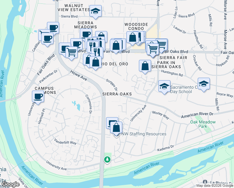 map of restaurants, bars, coffee shops, grocery stores, and more near in Sacramento