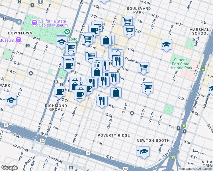 map of restaurants, bars, coffee shops, grocery stores, and more near 2008 P Street in Sacramento