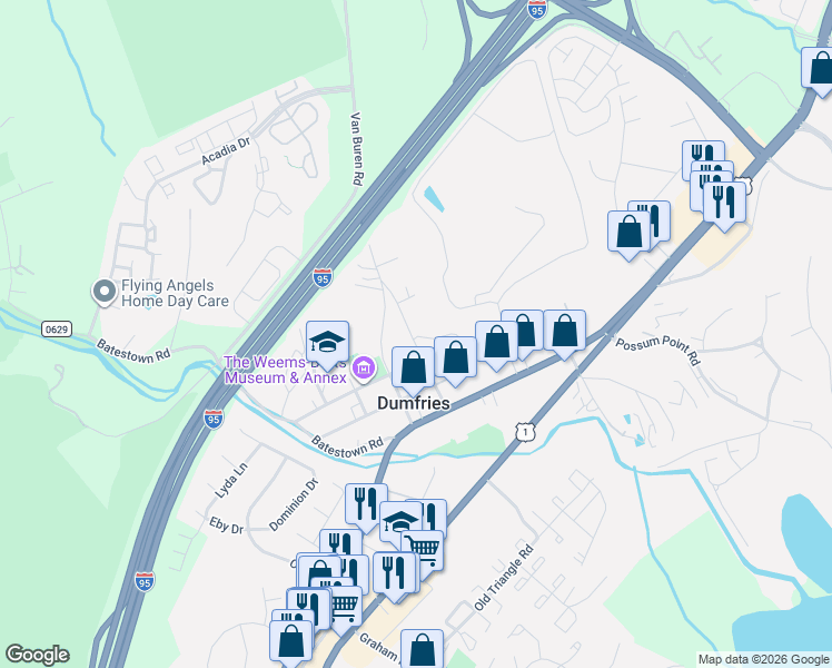 map of restaurants, bars, coffee shops, grocery stores, and more near 17645 Washington Street in Dumfries