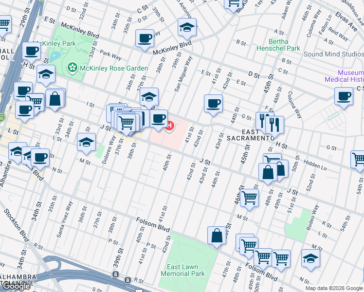 map of restaurants, bars, coffee shops, grocery stores, and more near 962 41st Street in Sacramento
