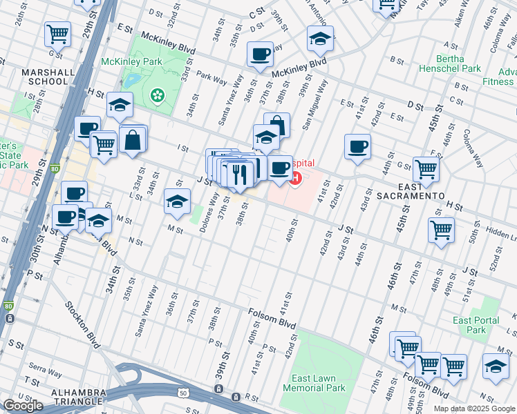 map of restaurants, bars, coffee shops, grocery stores, and more near 1040 39th Street in Sacramento