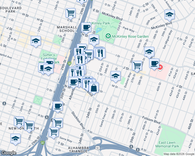 map of restaurants, bars, coffee shops, grocery stores, and more near 1224 34th Street in Sacramento
