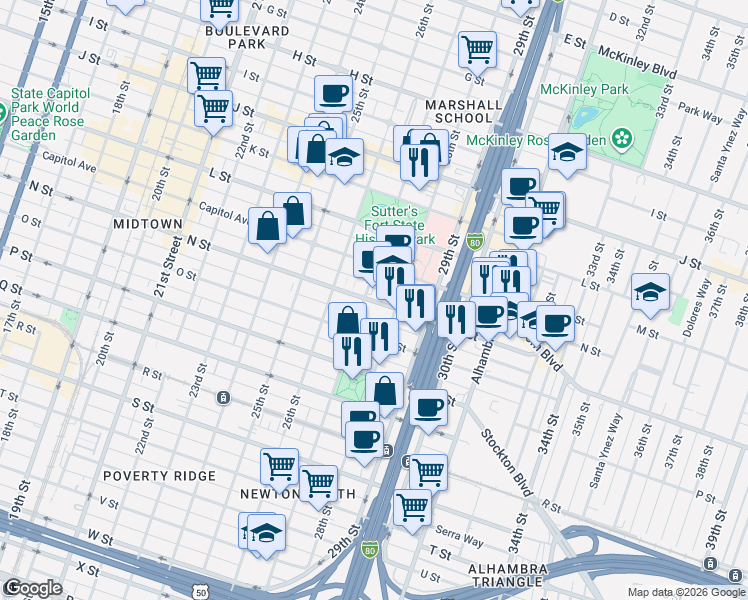 map of restaurants, bars, coffee shops, grocery stores, and more near 2701 N Street in Sacramento