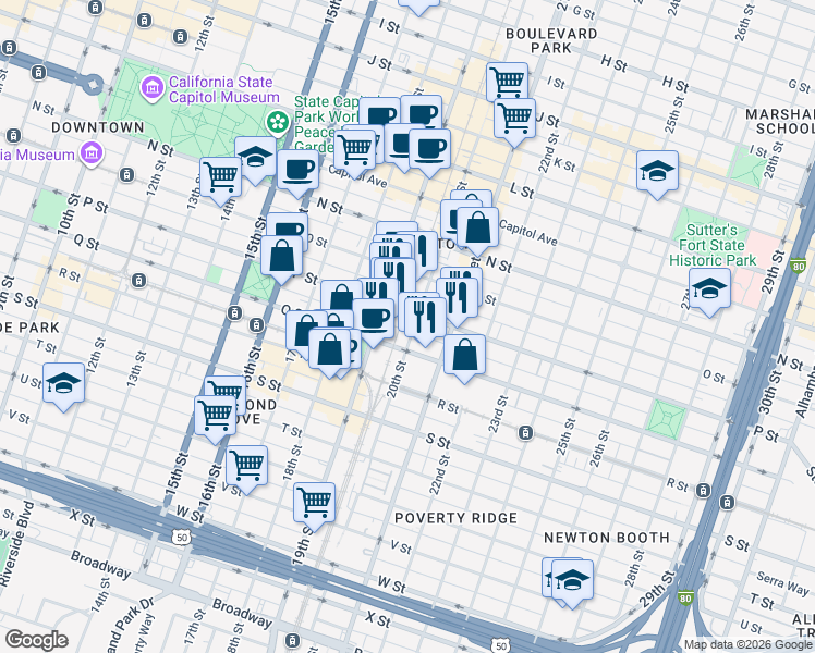 map of restaurants, bars, coffee shops, grocery stores, and more near 1616 20th Street in Sacramento