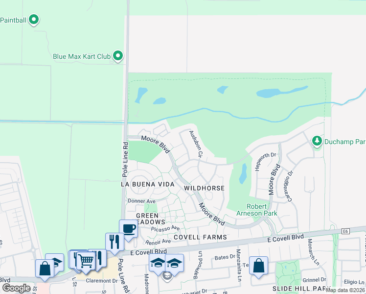 map of restaurants, bars, coffee shops, grocery stores, and more near 2818 Audubon Circle in Davis