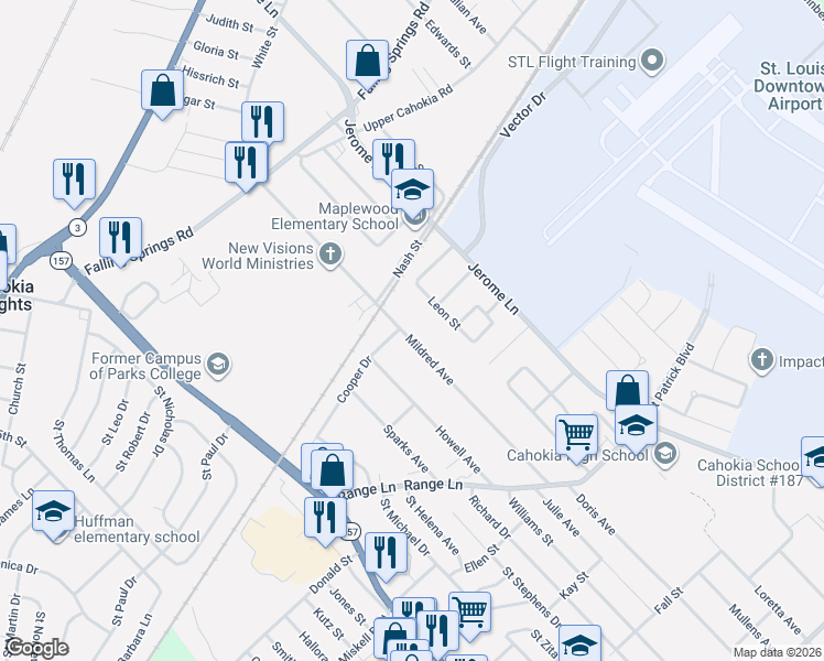 map of restaurants, bars, coffee shops, grocery stores, and more near 716 Mildred Avenue in Cahokia