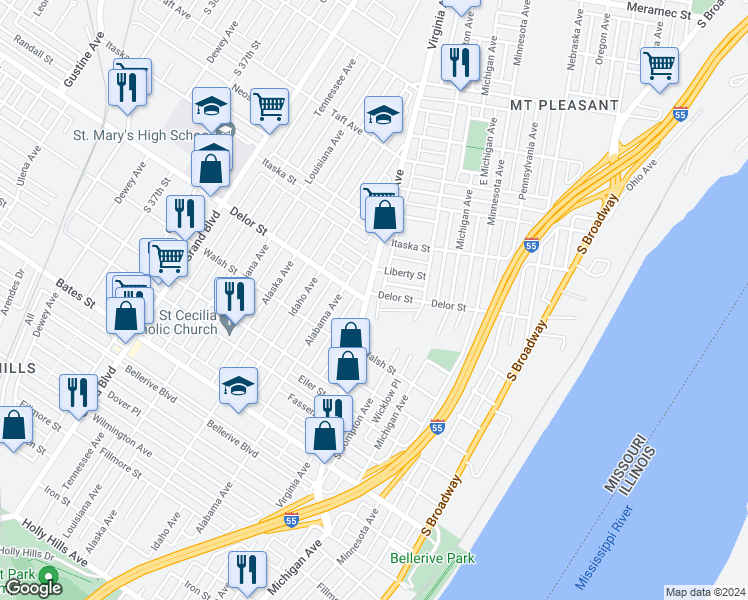 map of restaurants, bars, coffee shops, grocery stores, and more near 5010 Virginia Avenue in St. Louis