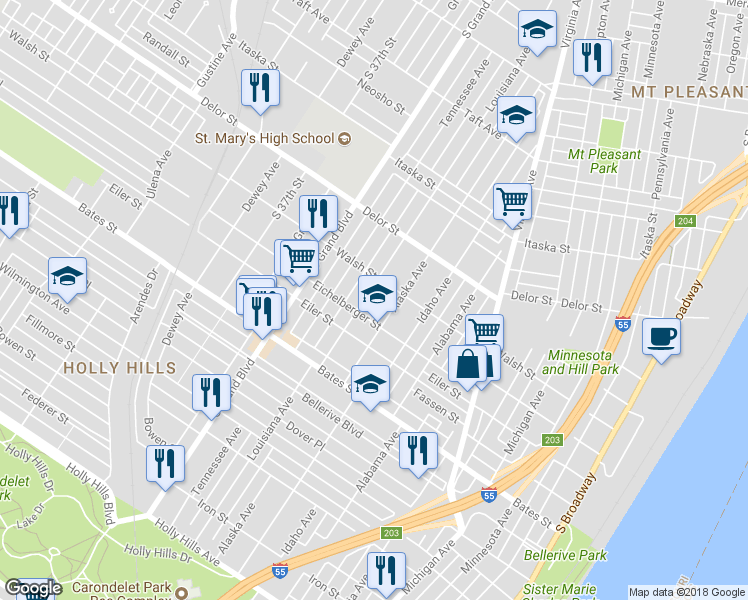 map of restaurants, bars, coffee shops, grocery stores, and more near 5238 Louisiana Avenue in St. Louis