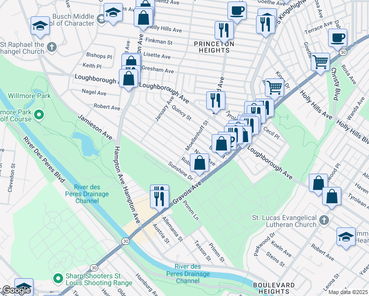 map of restaurants, bars, coffee shops, grocery stores, and more near 5215 Robert Avenue in St. Louis