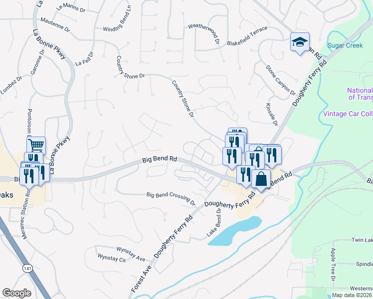map of restaurants, bars, coffee shops, grocery stores, and more near 1042 Huntington Hill Drive in Ballwin