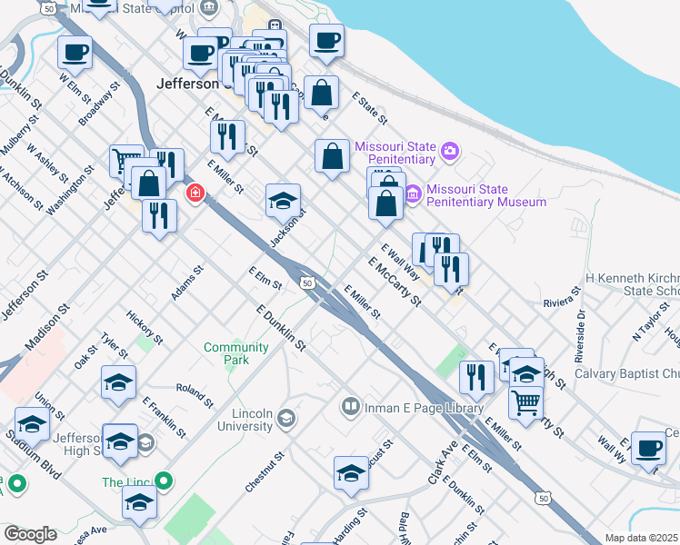 map of restaurants, bars, coffee shops, grocery stores, and more near 500 Lafayette Street in Jefferson City
