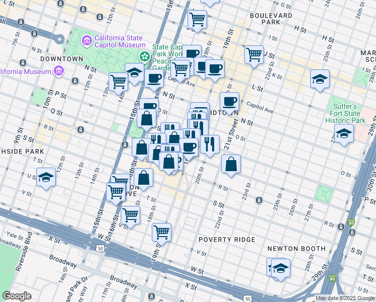 map of restaurants, bars, coffee shops, grocery stores, and more near 1831 Q Street in Sacramento