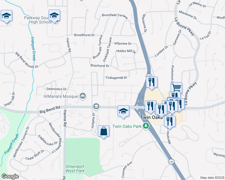 map of restaurants, bars, coffee shops, grocery stores, and more near 1215 Derbyshire Drive in Ballwin