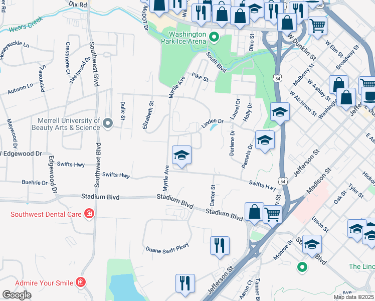 map of restaurants, bars, coffee shops, grocery stores, and more near 1310 Swifts Highway in Jefferson City