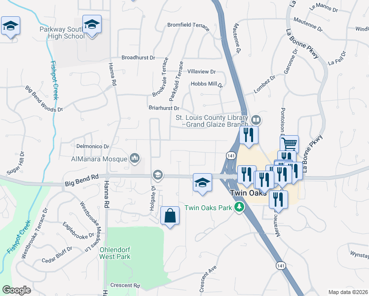 map of restaurants, bars, coffee shops, grocery stores, and more near 1215 Derbyshire Drive in Ballwin