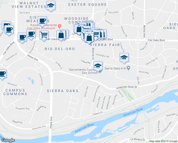 map of restaurants, bars, coffee shops, grocery stores, and more near 260 Munroe Street in Sacramento