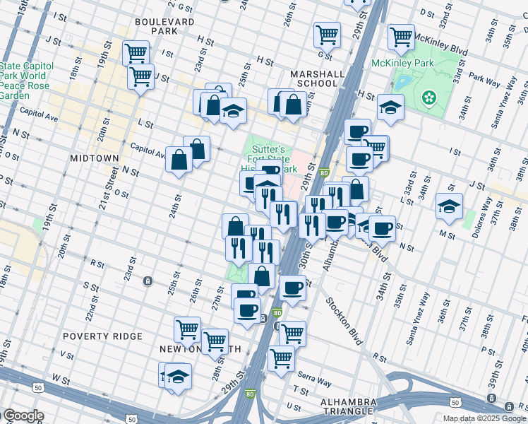 map of restaurants, bars, coffee shops, grocery stores, and more near 2701 N Street in Sacramento