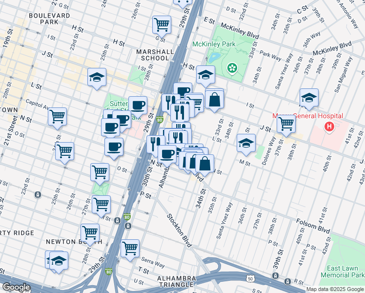 map of restaurants, bars, coffee shops, grocery stores, and more near 1221 Alhambra Boulevard in Sacramento