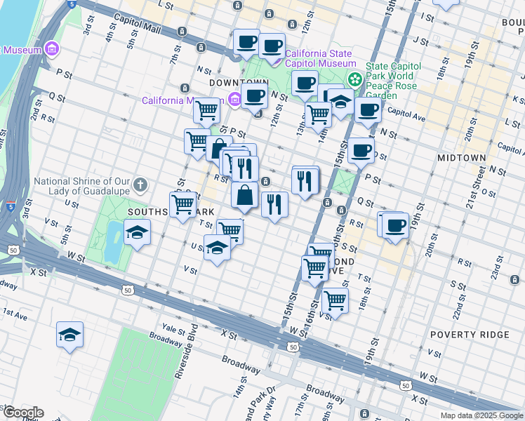 map of restaurants, bars, coffee shops, grocery stores, and more near 1225 S Street in Sacramento