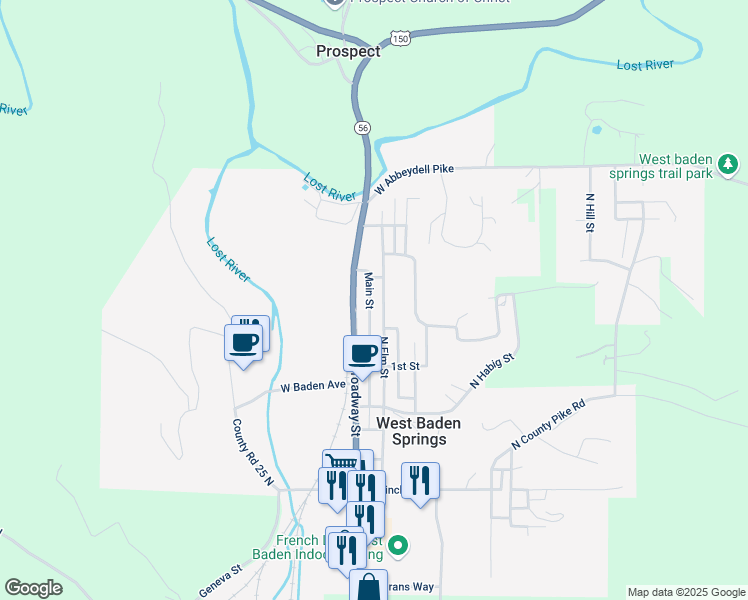 map of restaurants, bars, coffee shops, grocery stores, and more near 928 Main Street in West Baden Springs