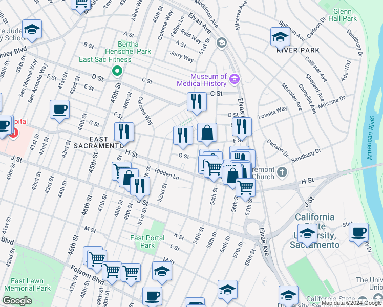 map of restaurants, bars, coffee shops, grocery stores, and more near 5283 G Street in Sacramento