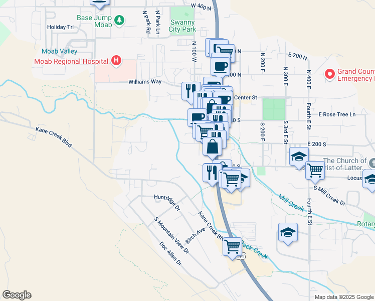 map of restaurants, bars, coffee shops, grocery stores, and more near 125 West 200 South in Moab