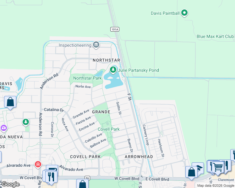 map of restaurants, bars, coffee shops, grocery stores, and more near 131 Grande Avenue in Davis