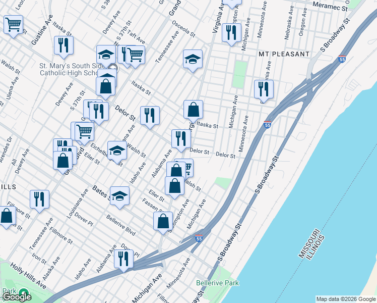 map of restaurants, bars, coffee shops, grocery stores, and more near 5010 Virginia Avenue in St. Louis