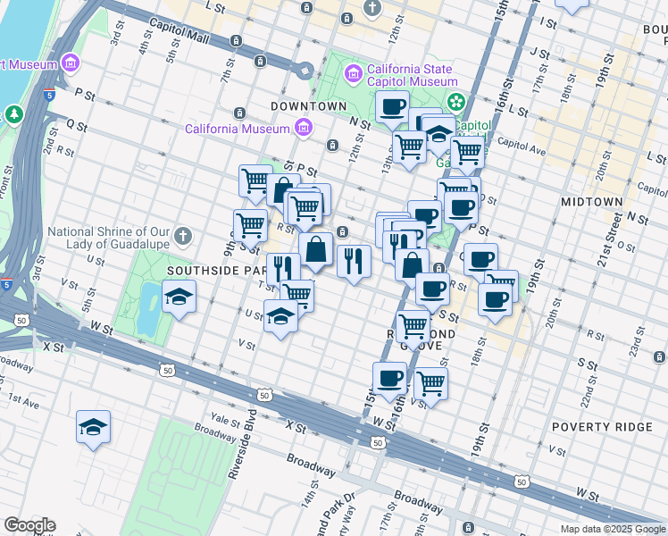 map of restaurants, bars, coffee shops, grocery stores, and more near 1225 S Street in Sacramento