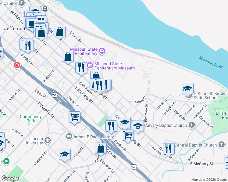 map of restaurants, bars, coffee shops, grocery stores, and more near 210 Capitol Court in Jefferson City