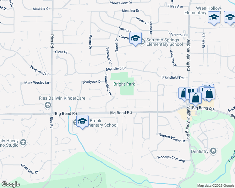 map of restaurants, bars, coffee shops, grocery stores, and more near 1032 Shadowoak Drive in Ballwin