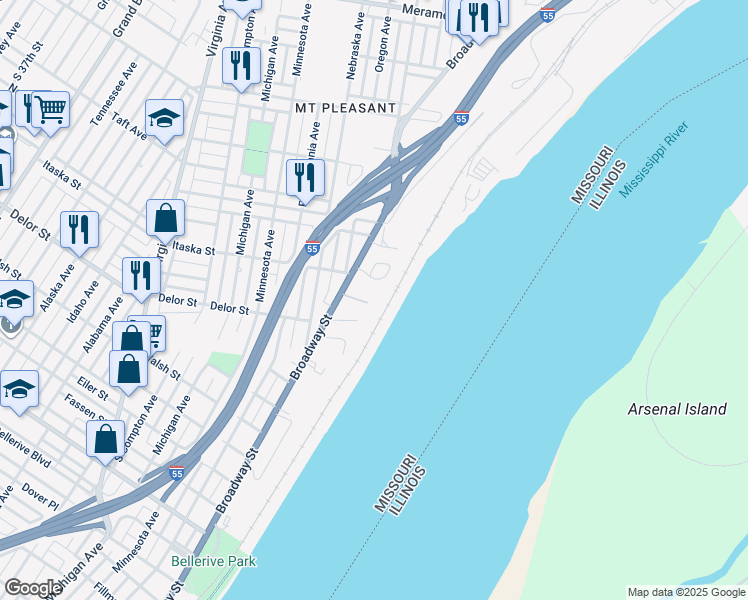 map of restaurants, bars, coffee shops, grocery stores, and more near 4720 South Broadway in St. Louis